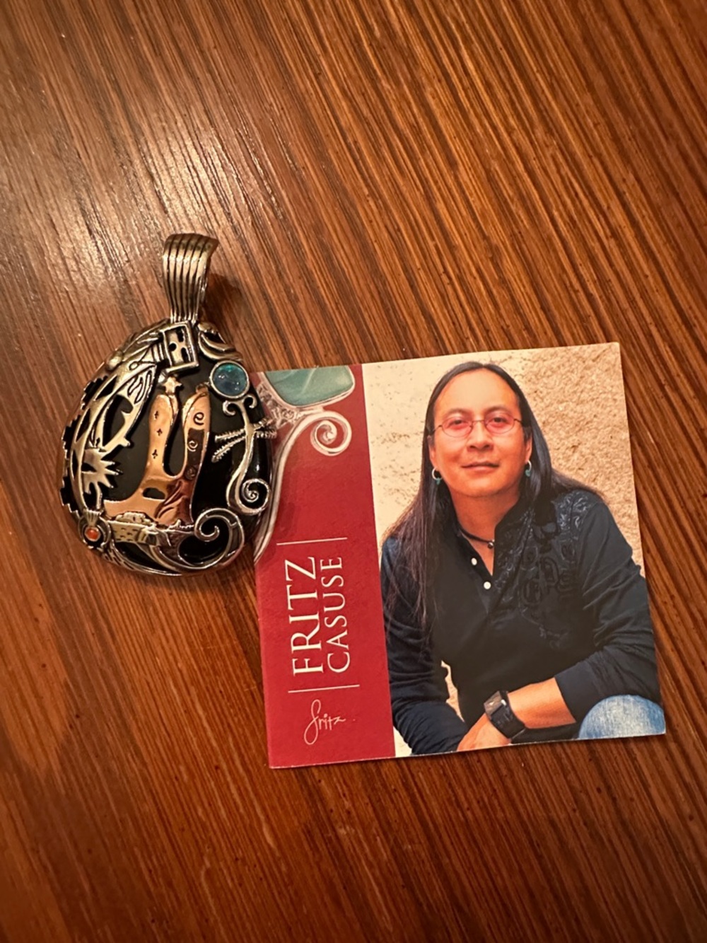 Silver-Tone Pendant with Turquoise and Coral Accents